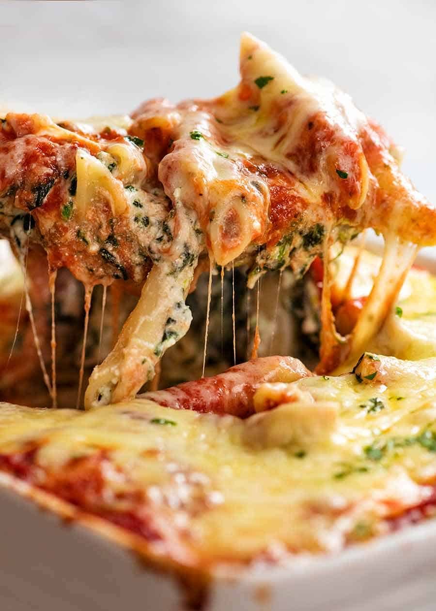 Spoon scooping up Spinach Ricotta Pasta Bake