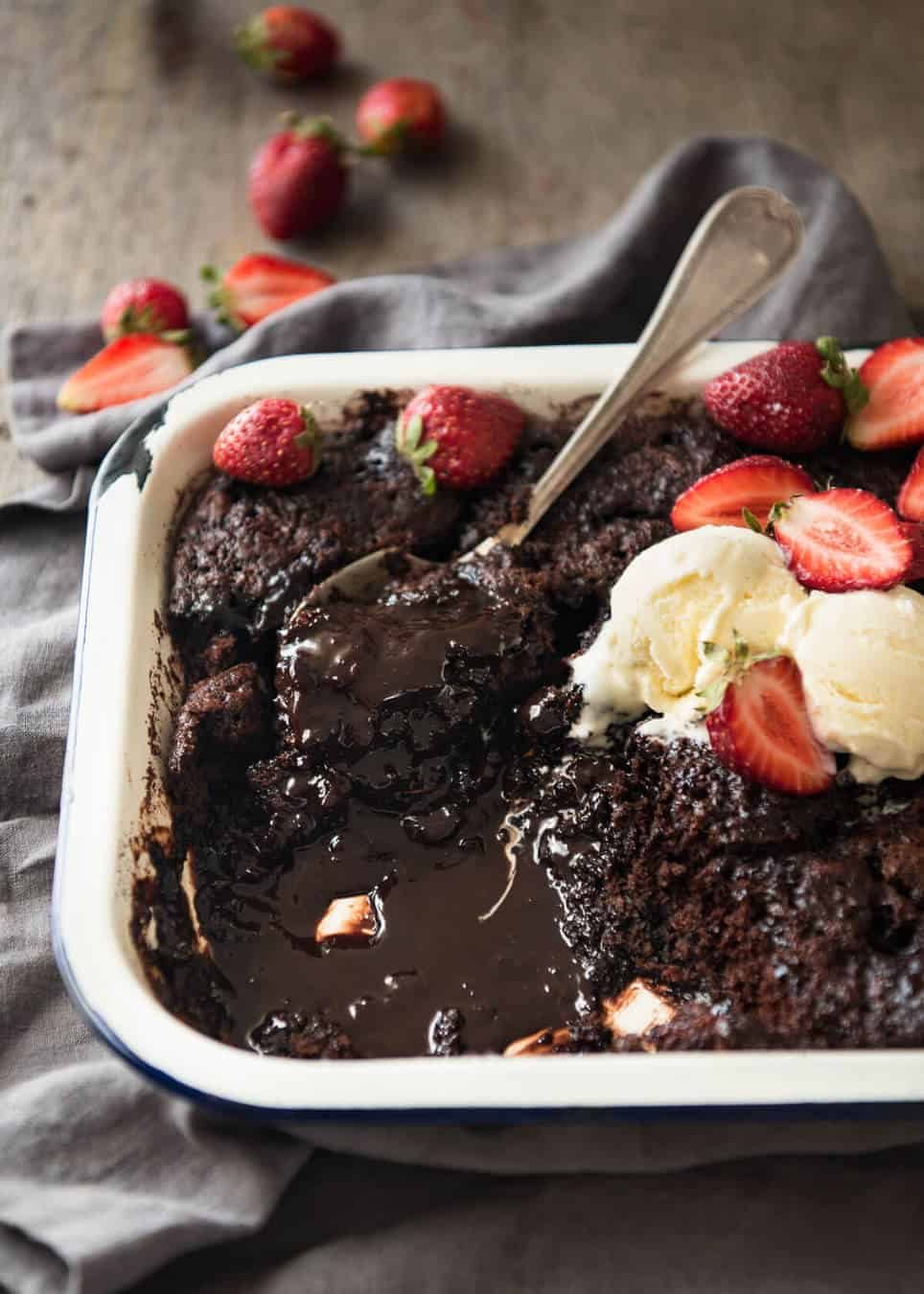 Chocolate Self Saucing Pudding - 1 batter transforms into a moist chocolate cake with a beautiful silky chocolate sauce! 10 minutes active effort. www.recipetineats.com