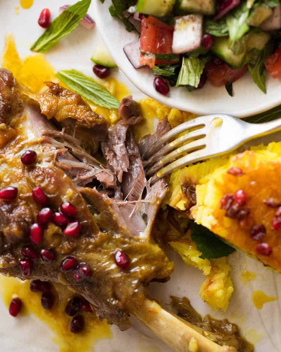 Slow cooked braised lamb shanks in a delicately spiced, well seasoned broth. A beautiful traditional Persian recipe.