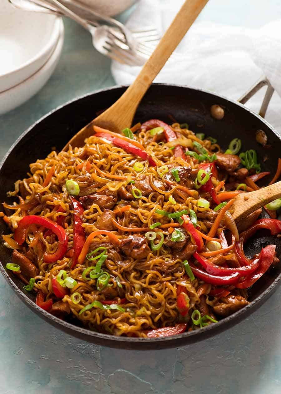 Chicken Vegetable Ramen Noodles in a black skillet, fresh off the stove