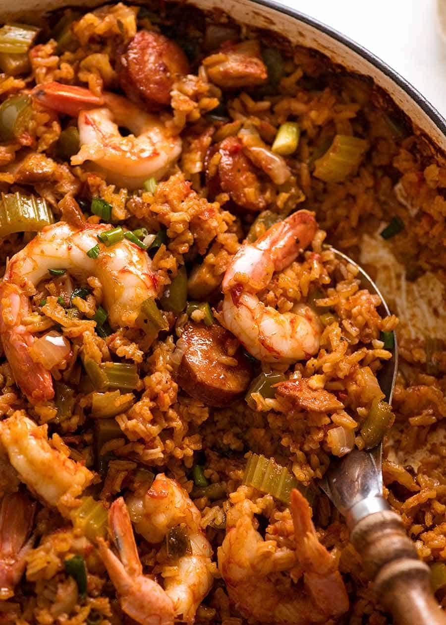 Jambalaya in a pot, ready to be served
