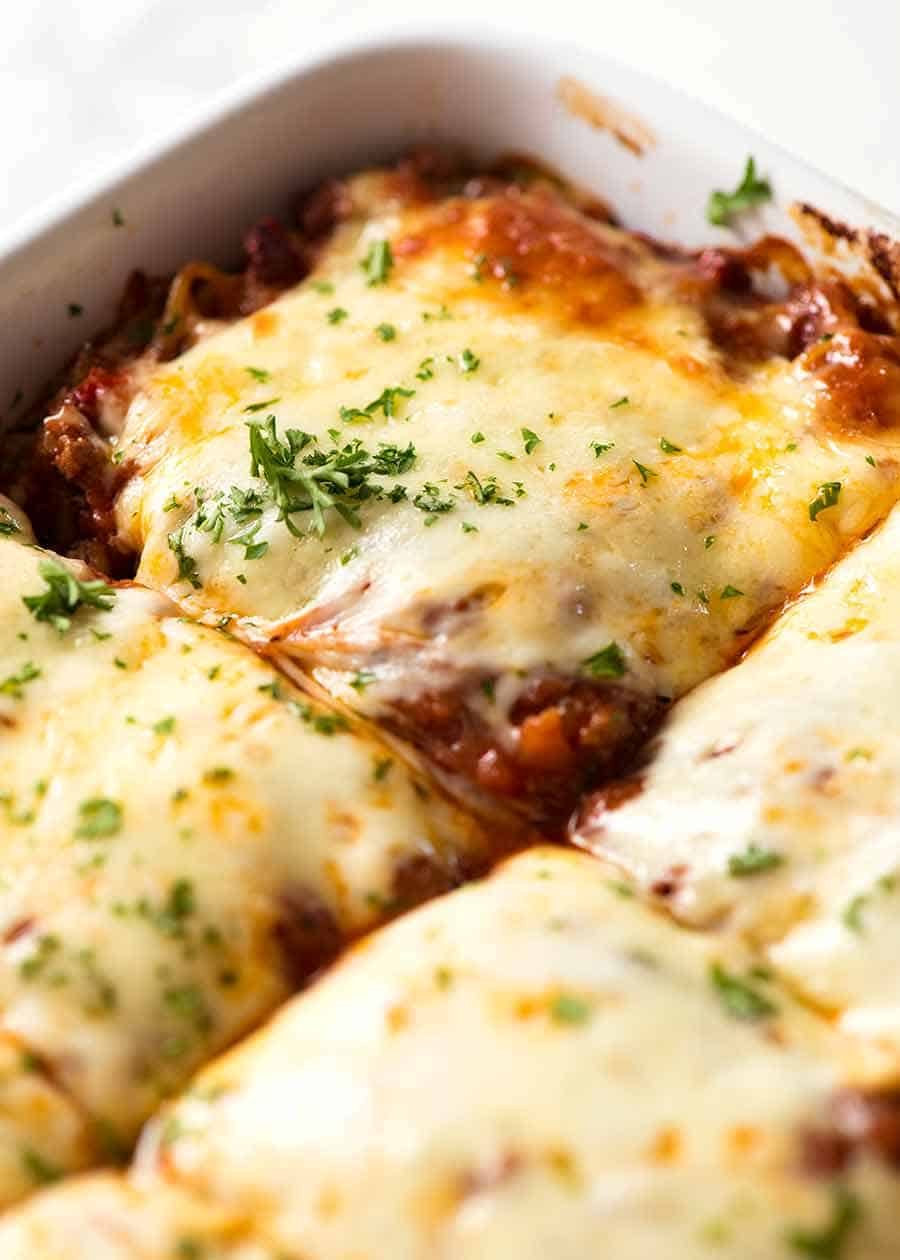 Close up of Baked Spaghetti Casserole in a casserole dish, fresh out of the oven ready to be served