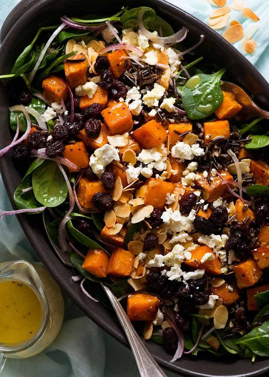 Overhead photo of Sweet Potato Salad with Honey Lemon Dressing, ready to be served