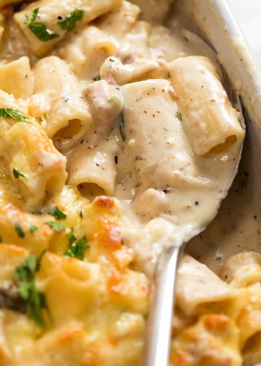Close up of rigatoni pasta bake, ready to be eaten