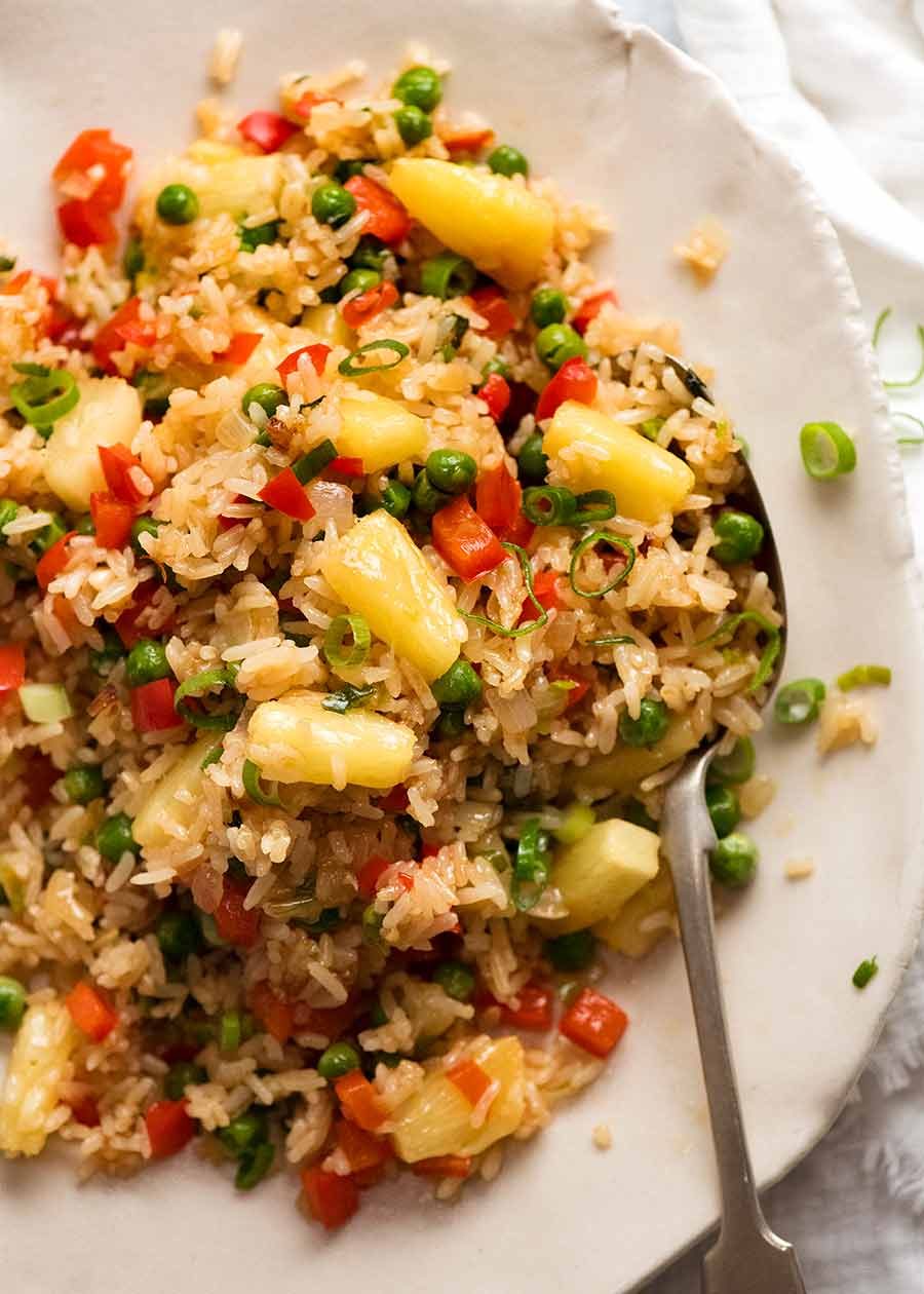 Plate of Pineapple Fried Rice (Thai) ready to be served