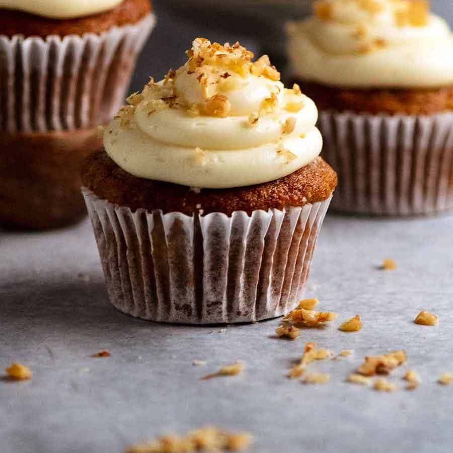 Close up photo of Carrot Cake Cupcakes with Cream Cheese Frosting