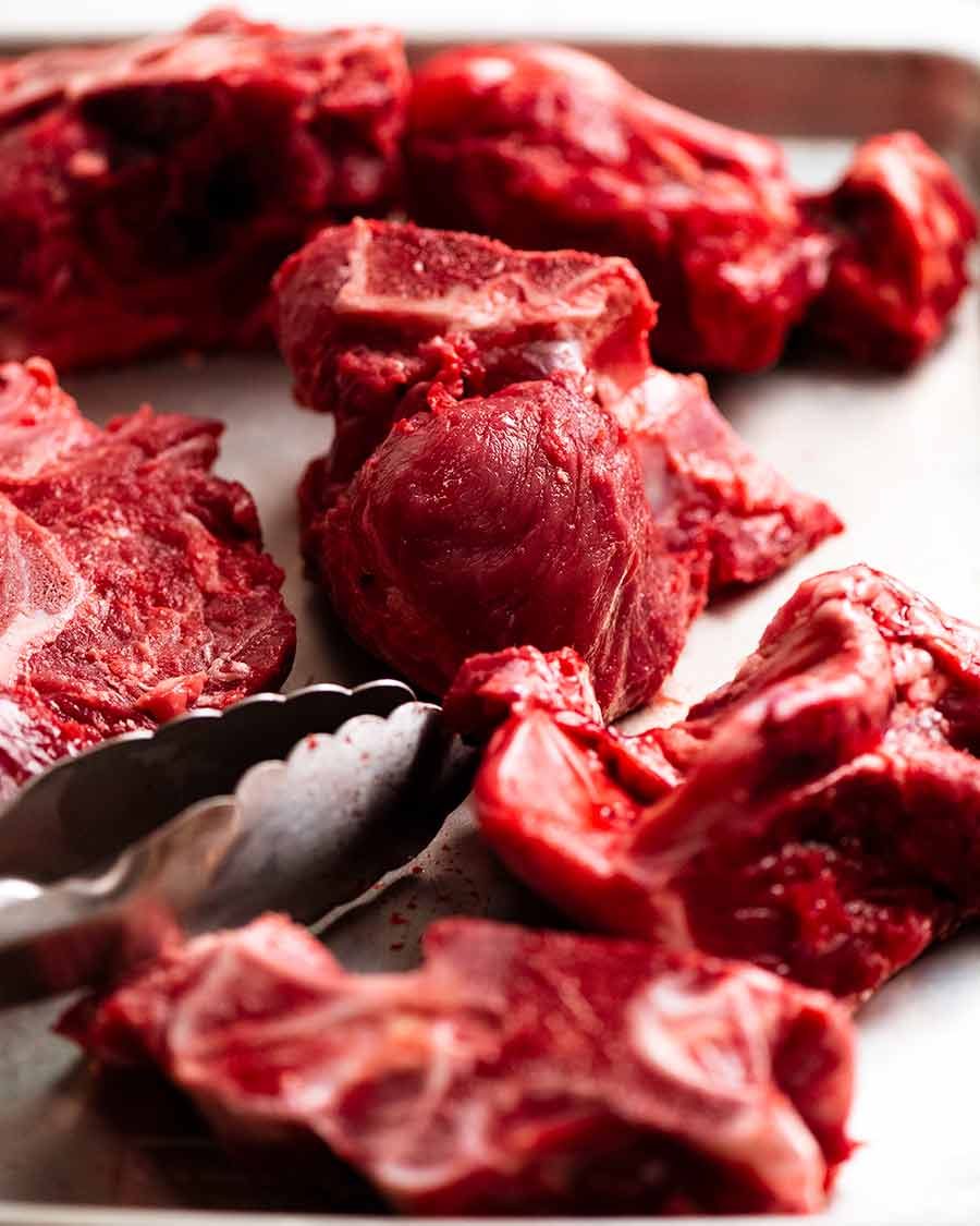 Raw beef stock bones ready to be roasted