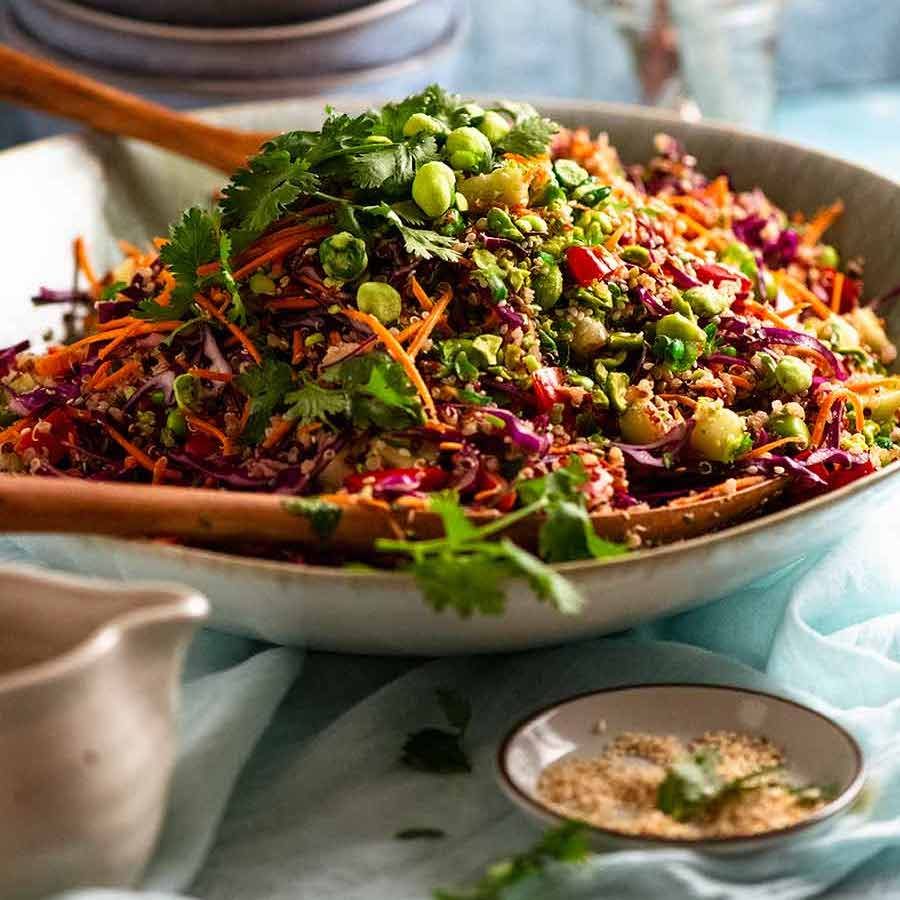 My Favourite Quinoa Salad in a large green bowl, ready to be served